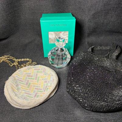 Two Beaded Purses, Simon•Designs Crystal Perfume Bottle, Swarovski Swan