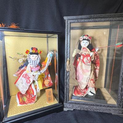 Two Vintage Japanese Classic Geisha Dolls In Original Wood/Glass Case