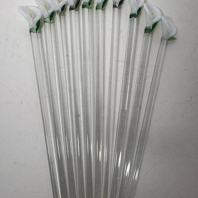 10 White Calla Lily Glass Handblown Swizzle/Stir Sticks