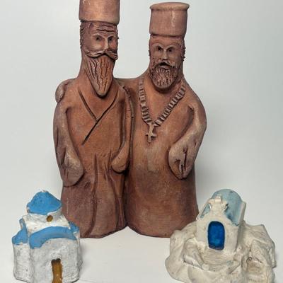 Hand Crafted Clay Sculpture of Greek Orthodox Priests & Santorini Churches 