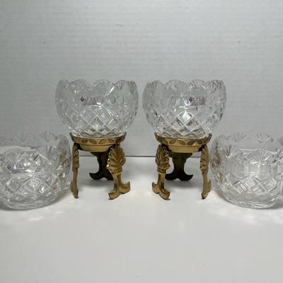 2 Royal Irish Crystal 4” Ooquille Votive Holders W/Brass Stands
