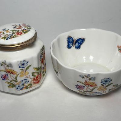 Aynsley “Cottage Garden” Octagonal Hinged Jar & Dresser Top Trinket Bowl