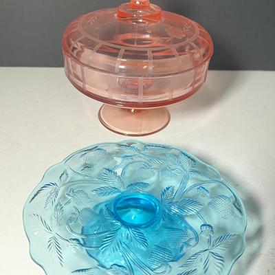 Pink Depression Glass Compote Dish & Small Blue Pastry Plate