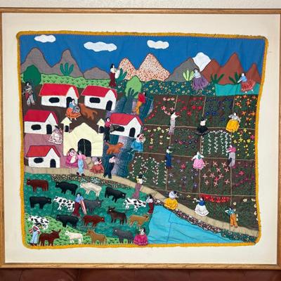 Large Vintage Peruvian Arpillera Appliqué Mounted on Frame
