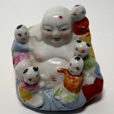 Vintage Porcelain Laughing Buddha W/5 Children 