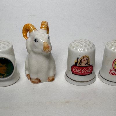 Elvis Miniature Porcelain Goat Thimble, Vintage Coca-Cola & Campbells Thimbles 