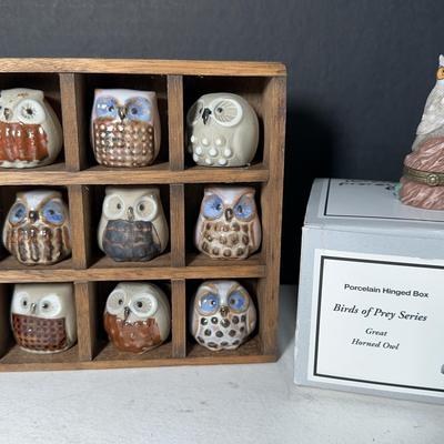 Ensom Glazed Mexican Mini Clay Owl Set & Hinged Box