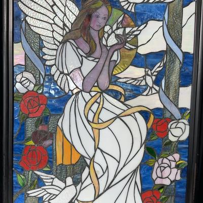 Angel With Doves & Roses Framed Stained Glass
