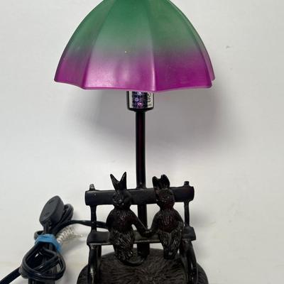 Vintage Cast Iron Bunnies On Bench Dresser Top Lamp