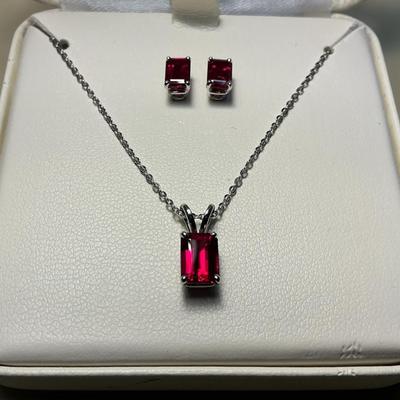 14k White Gold Necklace Ruby Pendant & Earring Set (3.1 Grams)