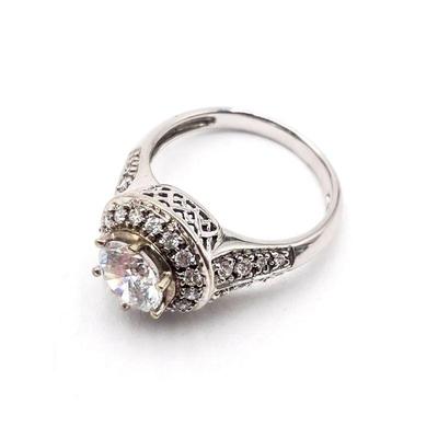 MEDA 14K White Gold Ring with Round CZ Center Stone and Pave Accents