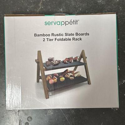 Servappetit Bamboo Rustic Slate Boards 2-Tier Foldable Rack
