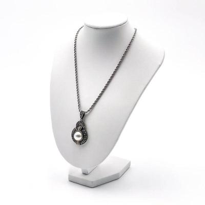 Judith Jack Sterling Silver Necklace with Faux Pearl and Marcasite Pendant
