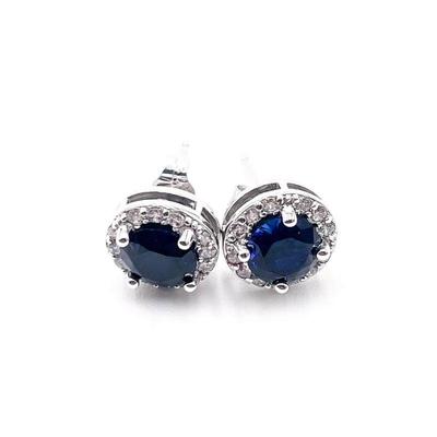 925 Sterling Silver CZ Halo Stud Earrings with Dark Blue Stones