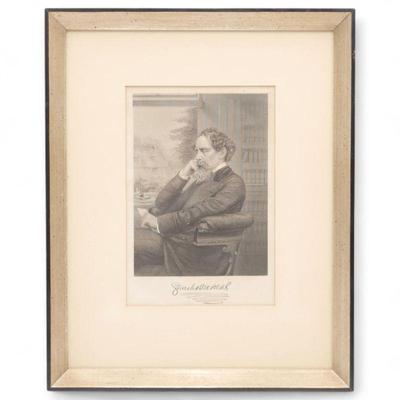 Framed Print of An Autographed Steel Engraving of Charles Dickens