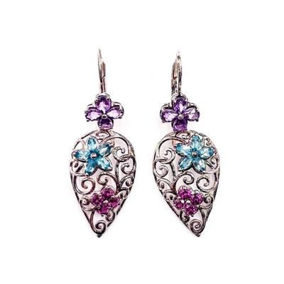 Sterling Silver Floral Drop Earrings with Gemstones