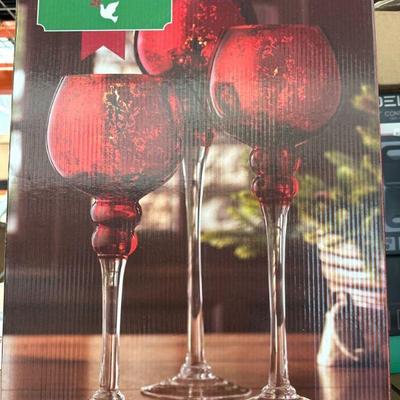 Set of 3 Red Mercury Glass Hurricanes