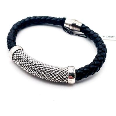 Braided Black Genuine Leather Bracelet With Metal Accent