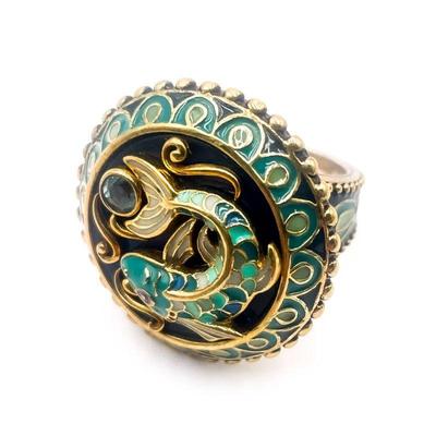 925 Bronze Ring with Green Enameled Fish Design Size 6.5