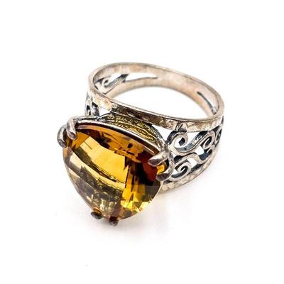 PZ 925 Sterling Silver Ring with Faceted Citrine Gemstone Size 7