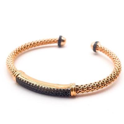 Milor Italy 925 Rose Gold-Tone Mesh Cuff Bracelet with Black Crystals