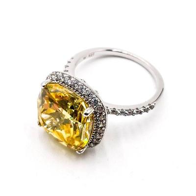 925 Sterling Silver Ring with Yellow Cushion-Cut Gemstone and CZ Halo Size 8