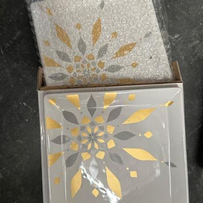 Set of 4 Square Appetizer Plates with Gold and Gray Design