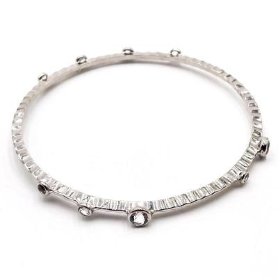 Textured Silver Bangle Bracelet with Rhinestones