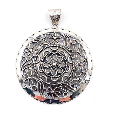 Doug Paulus 925 Sterling Silver Floral Bead Scroll Disc Pendant
