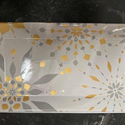 Rectangular Ceramic Platter with Gold and Gray Motif