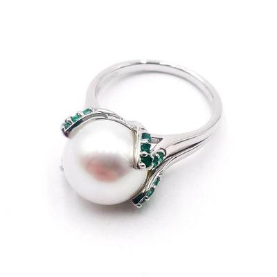 Silver Ring with Pearl and Green Gem Accents