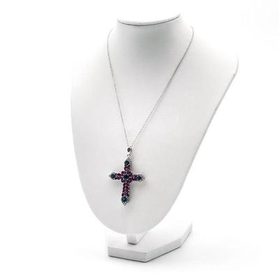 DK 925 Sterling Silver Necklace with Gem-Set Cross Pendant