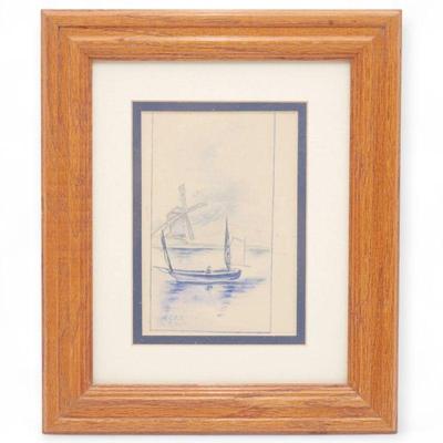 Framed Watercolor Sketch of Boat & Windmill