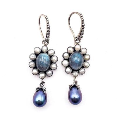 Sterling Silver w/Flashy Labradorite and Pearl Drop Earrings