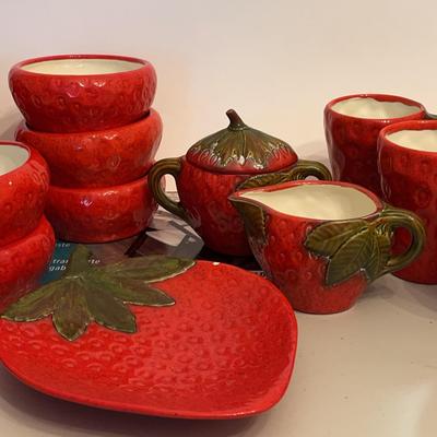 Signed Artisan Glazed Ceramic Strawberry-Themed Mug & Bowl Set