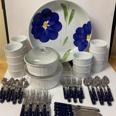 White Corning Ware with Blue/Green Bowl & Ramekins