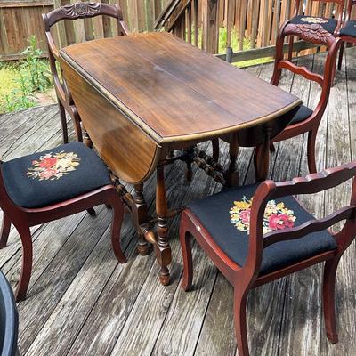 Vintage Dropleaf Wooden Table & Needlepoint Chair Set
