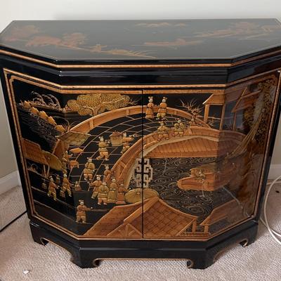 Chinese Black & Gold-Tone Wooden Side Cabinet