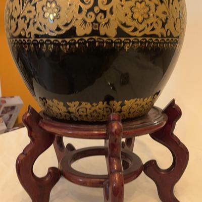 Black & Gold Chinoiserie Glazed Ceramic Planter on Wooden Stand 