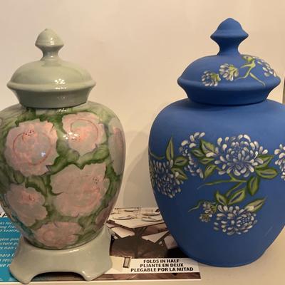 Two Signed Artisan Glazed & Unglazed Ceramic Hand-Painted Colorful Floral-Themed Urn Jars 