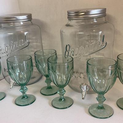 Pair of Large Glass Drink Dispensers & Green Glass Goblets