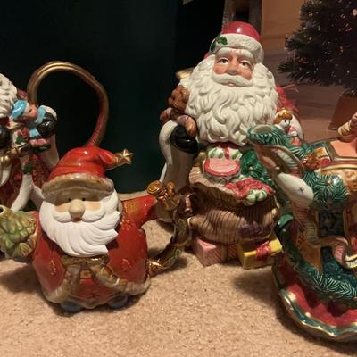 Assortment of Santa-Themed Glazed Ceramic Teapots & More