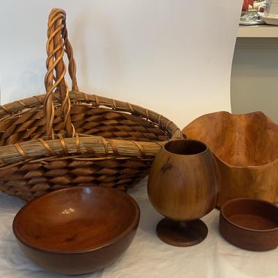 Assortment of Wooden Serving Pieces & a Woven Basket