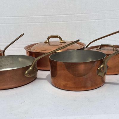 Five Copper Sauté And Sauce Pans, Three With Lids