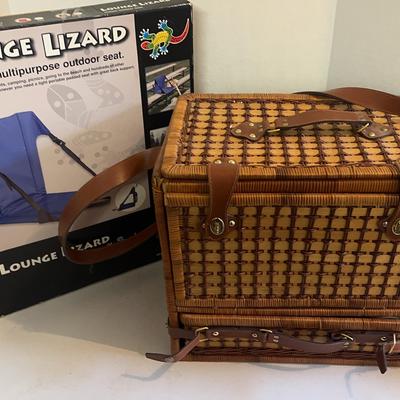 Lounge Lizard & Woven Picnic Basket W/ Outdoor Dishes