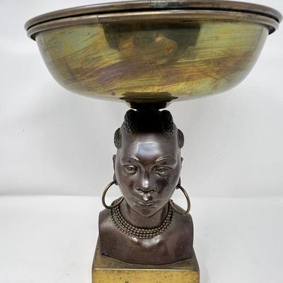 1930’s Signed G.Trevino Bronze Art Deco African Woman’s Bust With Brass Bowl