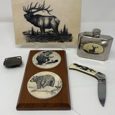 Stainless Steel Flask, Pocket Knife , Metal Belt Buckle, And Wildlife Imagery Wall Decor
