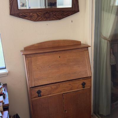 Oak Secretary And Wood Carved Mirror