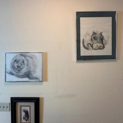 Seal, Otter And Hippo Signed Watercolors Framed