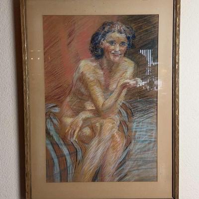 Lady Sitting On The Bed Pastel On Paper Framed